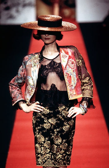 1996 Christian Lacroix Black Orange Lace Corset Dress