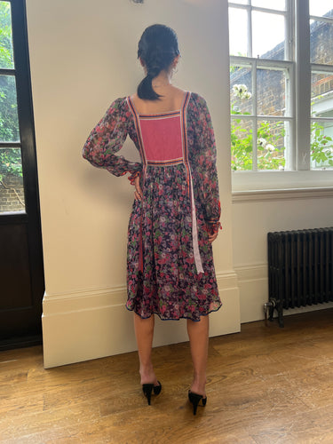 ARCHIVE - 1970s Rumak Silk Floral and Ribbon Work Dress