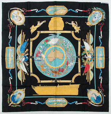 ARCHIVE - 1992 Hermès Black “Geographe” by Sandra Laroche Silk Jacquard Scarf