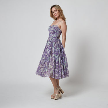 ARCHIVE - 1950s Purple and Turquoise Floral Organza Ruched Dress