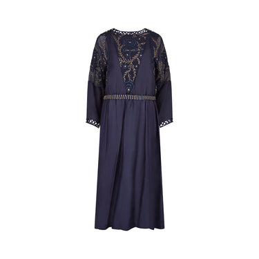 ARCHIVE - 1910s Midnight Blue Silk Dress with Embroidered Chiffon Inserts