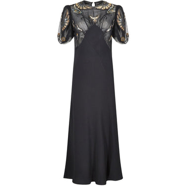ARCHIVE - 1930s Black Crepe Bias Cut Evening Dress with Spectacular Embellished Neckline