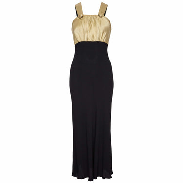 1930s Black Silk Dress with Embossed Gold Bodice