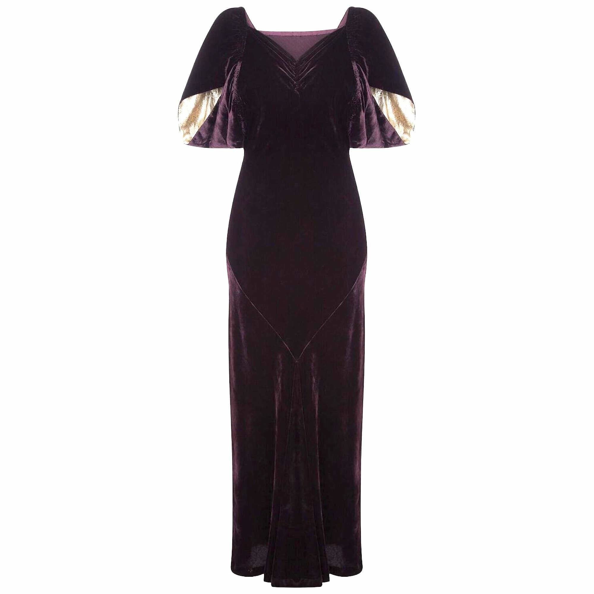 ARCHIVE: 1930s Deep Purple Velvet Bias Cut Gown With Gold Lame Cloak S CIRCA VINTAGE ARCHIVE: 1930s Deep Purple Velvet Bias Cut Gown With Gold Lame Cloak S CIRCA VINTAGE