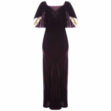 ARCHIVE: 1930s Deep Purple Velvet Bias Cut Gown With Gold Lame Cloak Sleeves