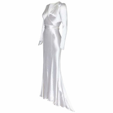 ARCHIVE - 1930s Long Sleeved White Silk Satin Bias Cut Wedding Dress