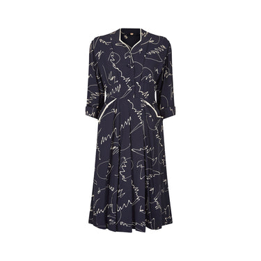 ARCHIVE - 1940s Navy and White Abstract Print Rayon Dress