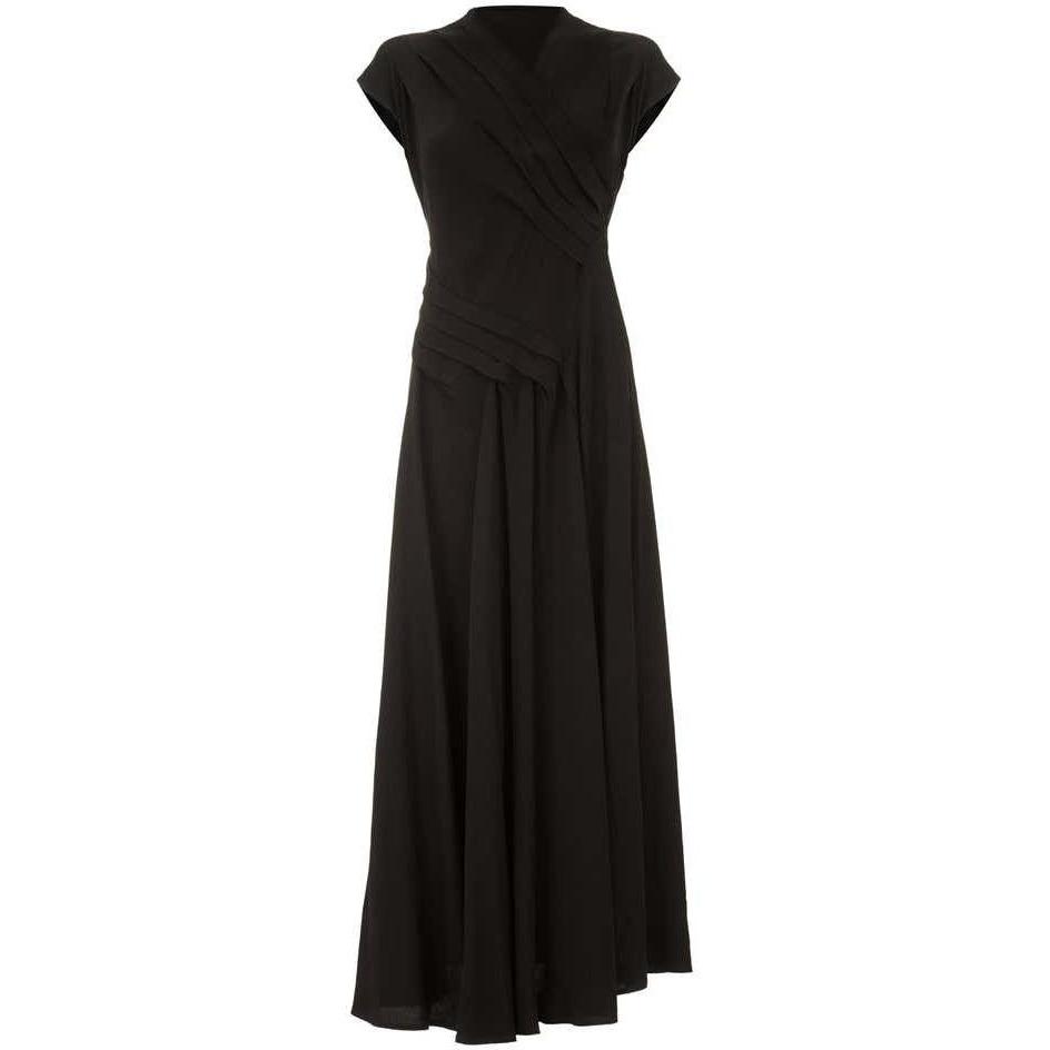 1940s Long Pleated Black Crepe Dress