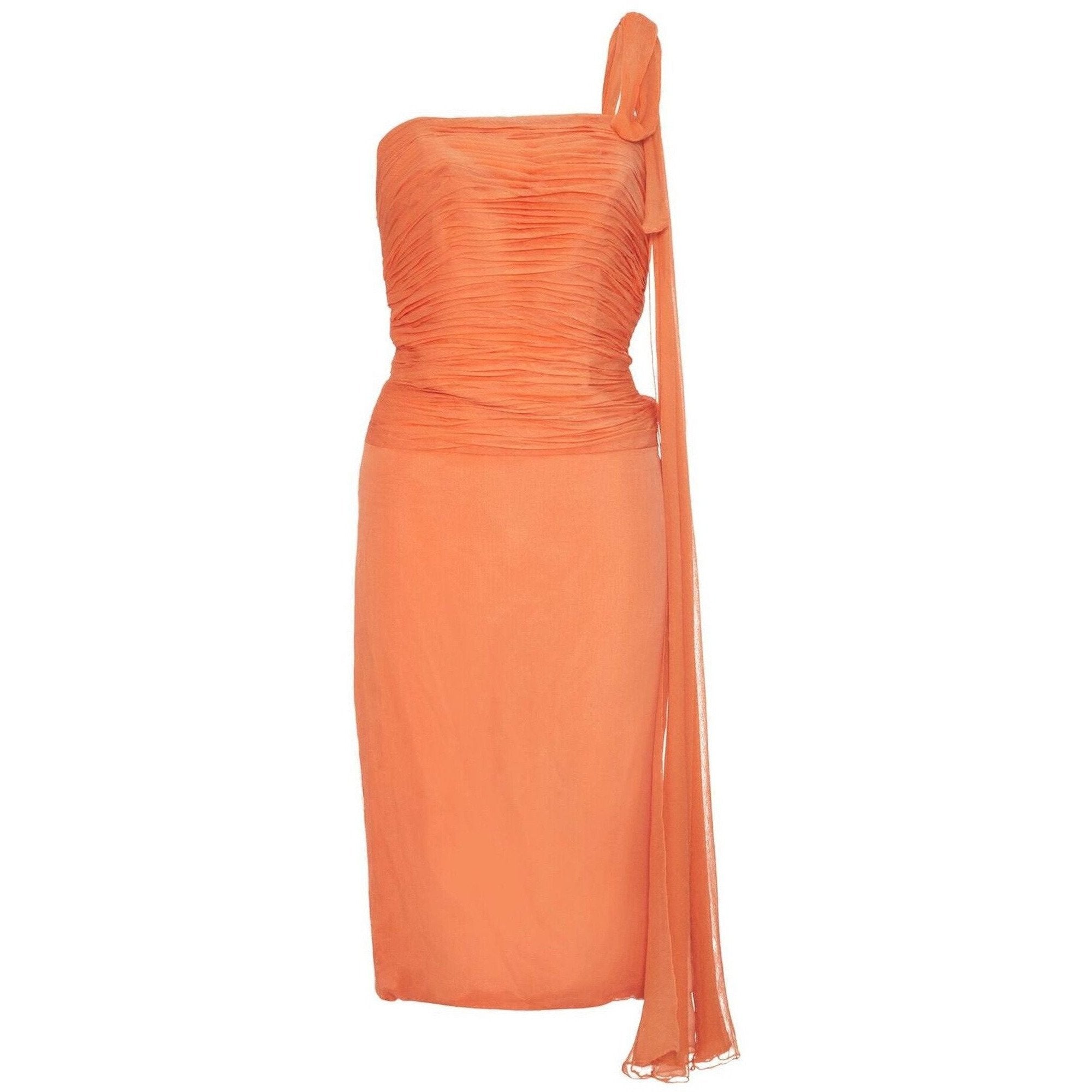 1950s-60s Harrods Orange Silk Georgette Dress With Asymmetrical Strap