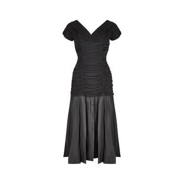 1950s Ceil Chapman Black Taffeta and Ruched Silk Jersey Dress