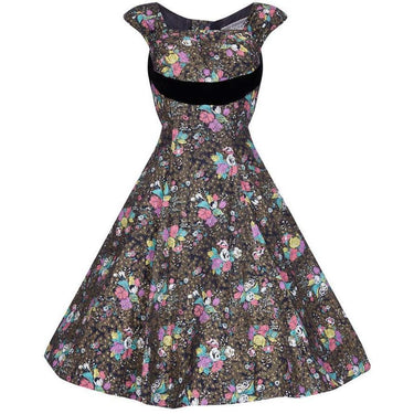 1950s Rose Print Cotton Dress With Black Velvet Bow