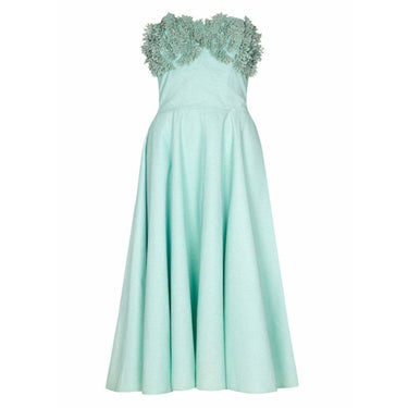 ARCHIVE - 1950s Aquamarine Textured Cotton Dress With Floral Rhinestone Applique