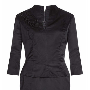 ARCHIVE - 1950s Black Silk Evening Dress With Peplum and Beaded Collar