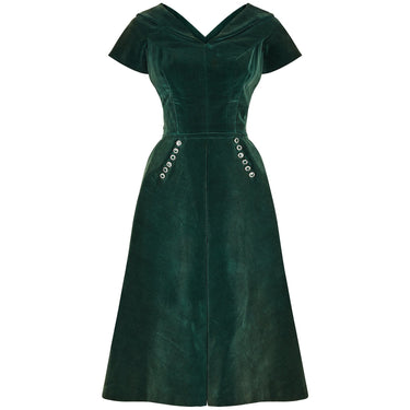 ARCHIVE - 1950s Emerald Green Velvet Evening Dress with Crystal Buttons