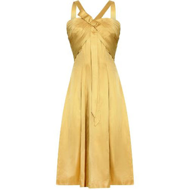 ARCHIVE - 1950s Gold Pleated Bodice Silk Cocktail Dress with Bow Detail
