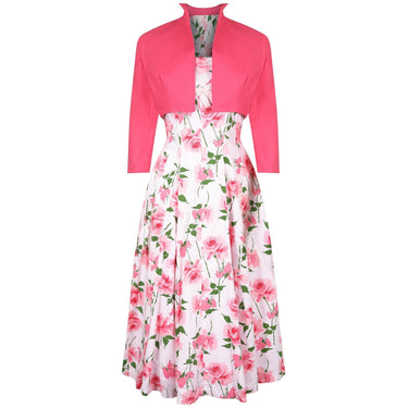 ARCHIVE: 1950s California Cottons Pink Floral Rose Print Cotton Dress with Bolero Jacket