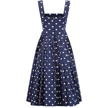 ARCHIVE - 1950s Navy And White Polkadot Couture Dress With Structured Bodice