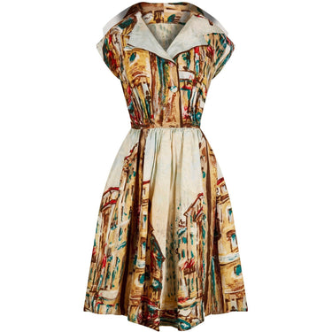ARCHIVE - 1950s Novelty Abstract Printed Silk Dress With Broad Lapel and Button Detail