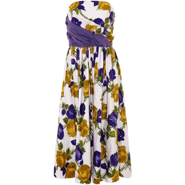 1950s Purple and Yellow Rose Print Strapless Cotton Dress