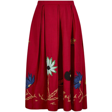 ARCHIVE - 1950s Red Cotton Skirt With Floral Novelty Appliqué