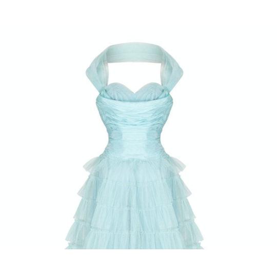 1950s Ruffle Turquoise Layered Net Prom Halterneck Dress