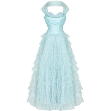 1950s Ruffle Turquoise Layered Tulle Net Halterneck Dress