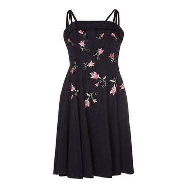 1950s Taffeta Embroidered Floral Black Dress