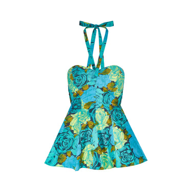 ARCHIVE - 1950s Turquoise Rose Print Two-piece Swimwear