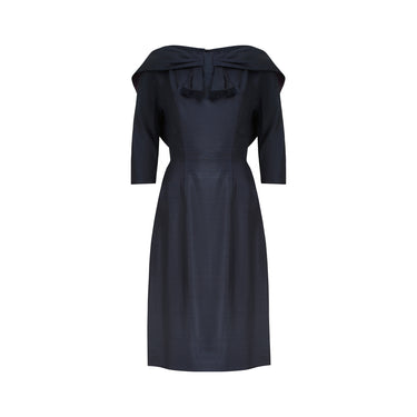 ARCHIVE: 1950s Navy Silk Shawl Collar Dress
