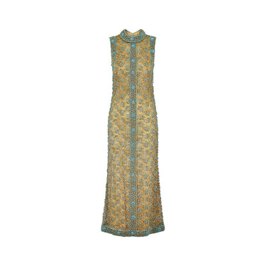 ARCHIVE - 1960s Doreen Lok Gold and Turquoise Beaded Maxi Dress