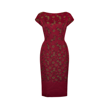 ARCHIVE - 1960s Sambo Fashions Burgundy Oriental Jacquard Print Dress