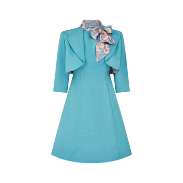 ARCHIVE - 1960s Silk Faille Turquoise A Line Dress Suit with Jacket