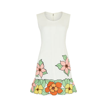 ARCHIVE - 1960s White Linen Mod Dress with Large Floral Appliques