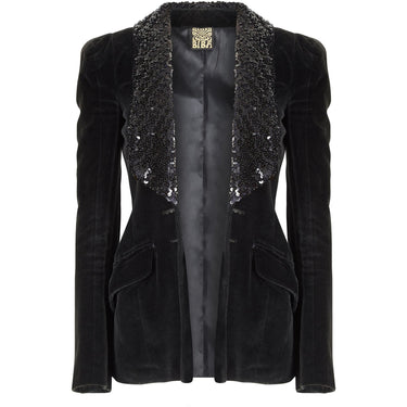 ARCHIVE: 1960s Biba Early Woven Label Black Velvet and Sequin Lapel Jacket