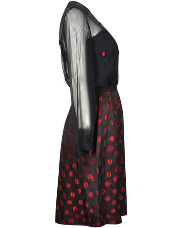 1960s Black and Red Polka Dot Demi Couture Dress and Jacket With Chiffon Bodice