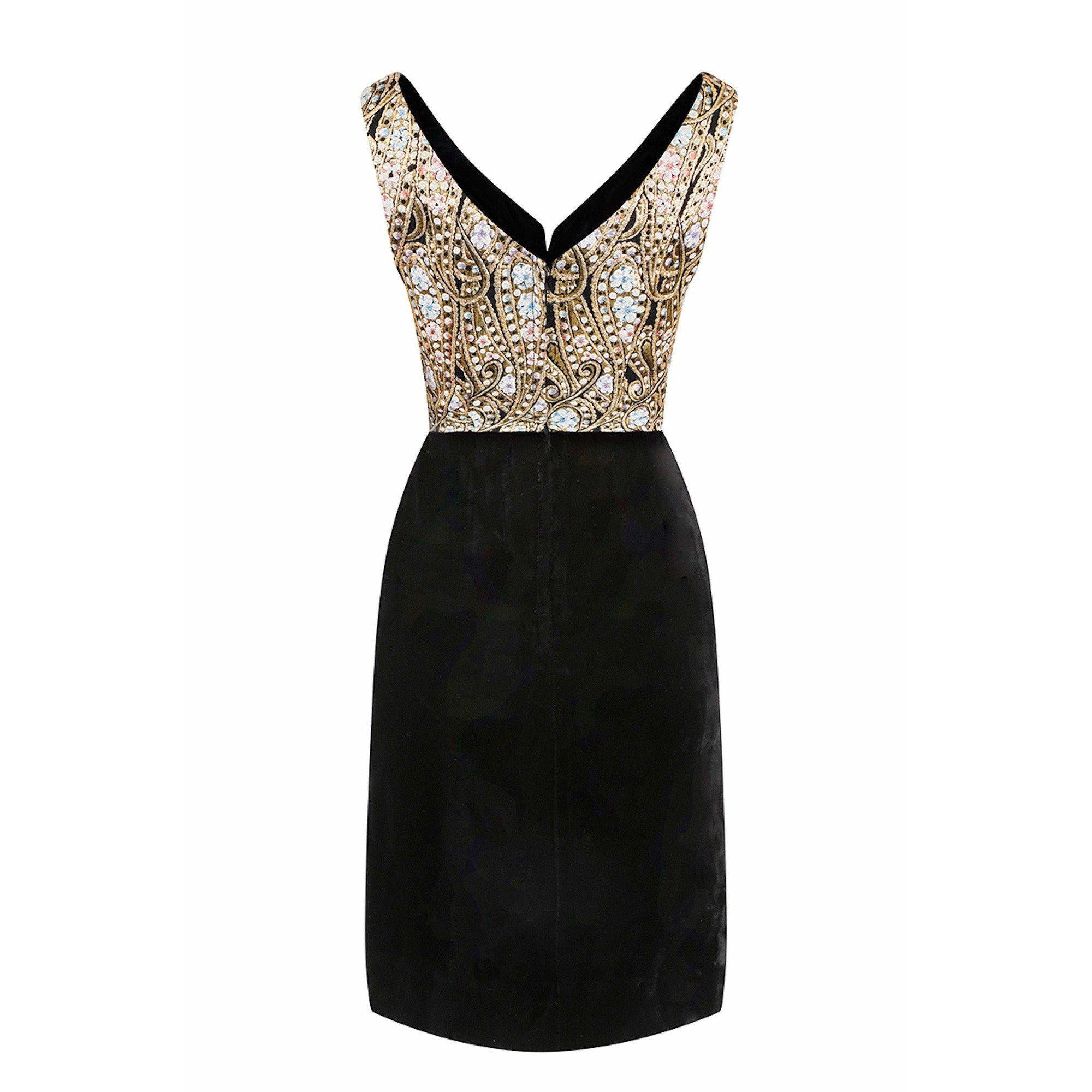 1960s Black Velvet and Gold Lamé Cocktail Dress With Bow Detail