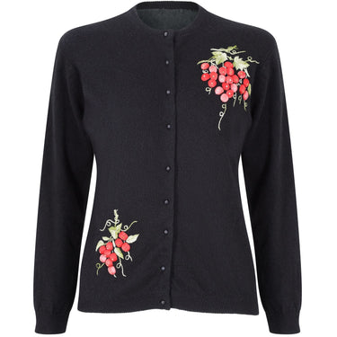 1980s Black Wool Cardigan with Raised Satin Stitch Grape Applique