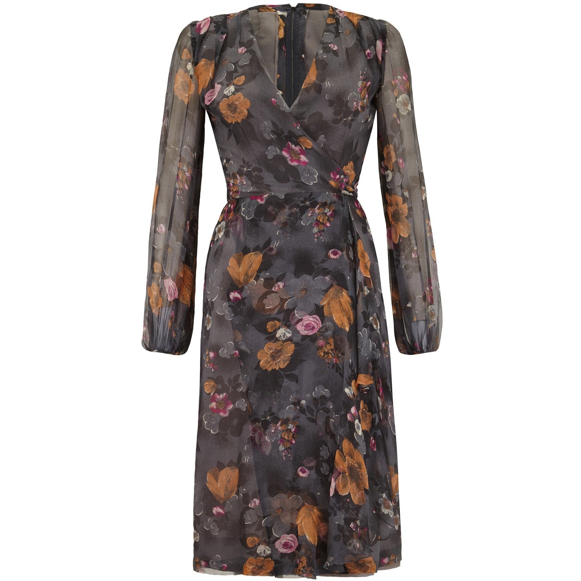 1960s British Couture Grey Floral Silk Chiffon Vintage Dress