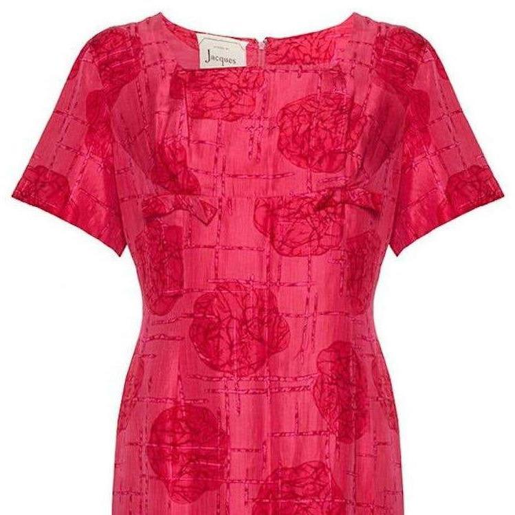 1960s French Boutique Label Jacques Cerise Silk Abstract Rose Print Dress