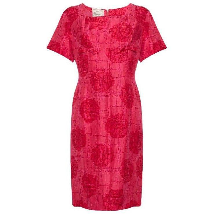1960s French Boutique Label Jacques Cerise Silk Abstract Rose Print Dress