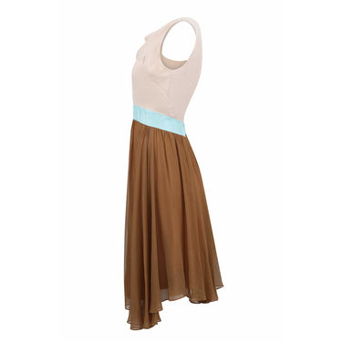 ARCHIVE - 1960s Jeunesse Nude, Tan and Turquoise Chiffon Dress With Cowl Neckline