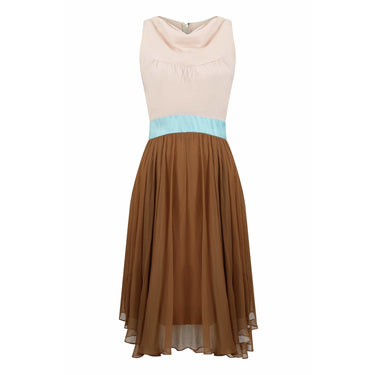 ARCHIVE - 1960s Jeunesse Nude, Tan and Turquoise Chiffon Dress With Cowl Neckline