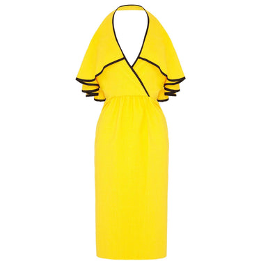 1960s Mollie Parnis Yellow & Black Halterneck Ruffle Dress