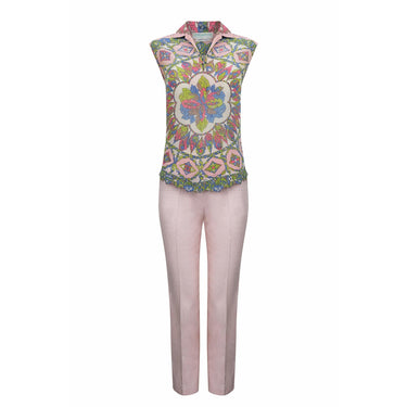 ARCHIVE - 1960s Pucci Silk Pale Pink Trouser Set With Vibrant Rosette Print