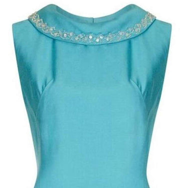 ARCHIVE - 1960s Turquoise Linen Mod Dress With Beaded Collar