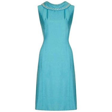 ARCHIVE - 1960s Turquoise Linen Mod Dress With Beaded Collar