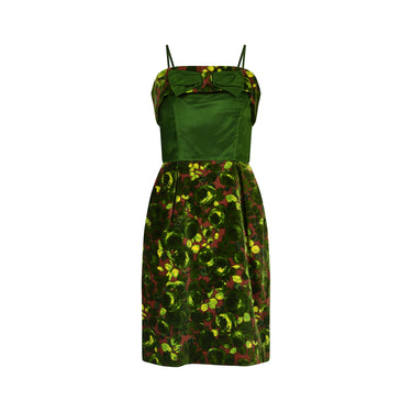 1960s Green Velvet and Satin Rose Print Dress