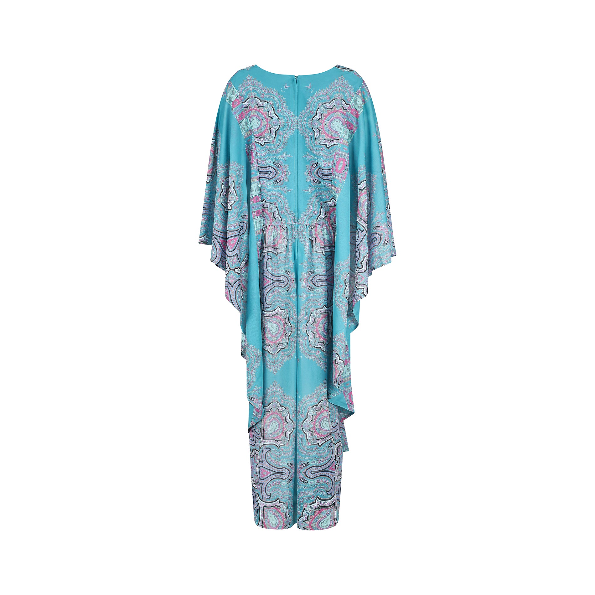 1970s John Neville Turquoise Paisley Print Maxi Dress