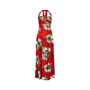 ARCHIVE - 1970s Laurent Servet Jersey Red Floral Print Halter Neck Dress