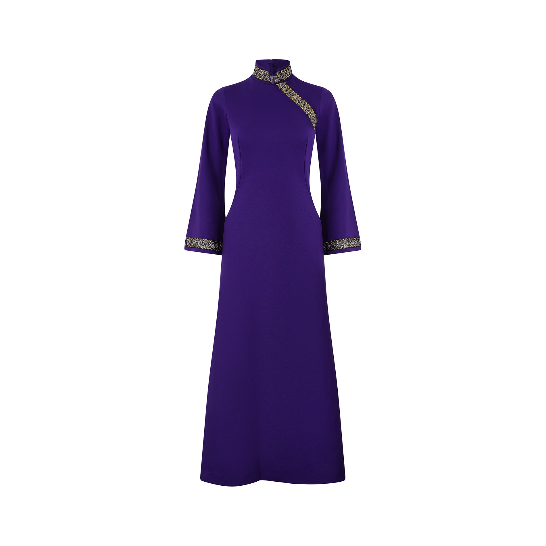 ARCHIVE - 1970s Sylvan Purple Jersey Mughal Collared Lame Trim Dress